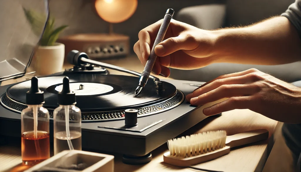 A close-up image of a person carefully cleaning a record player stylus using a cleaning tool. The scene includes cleaning solutions and a soft brush, with the turntable in focus, showcasing a cozy and minimalist living room setting.