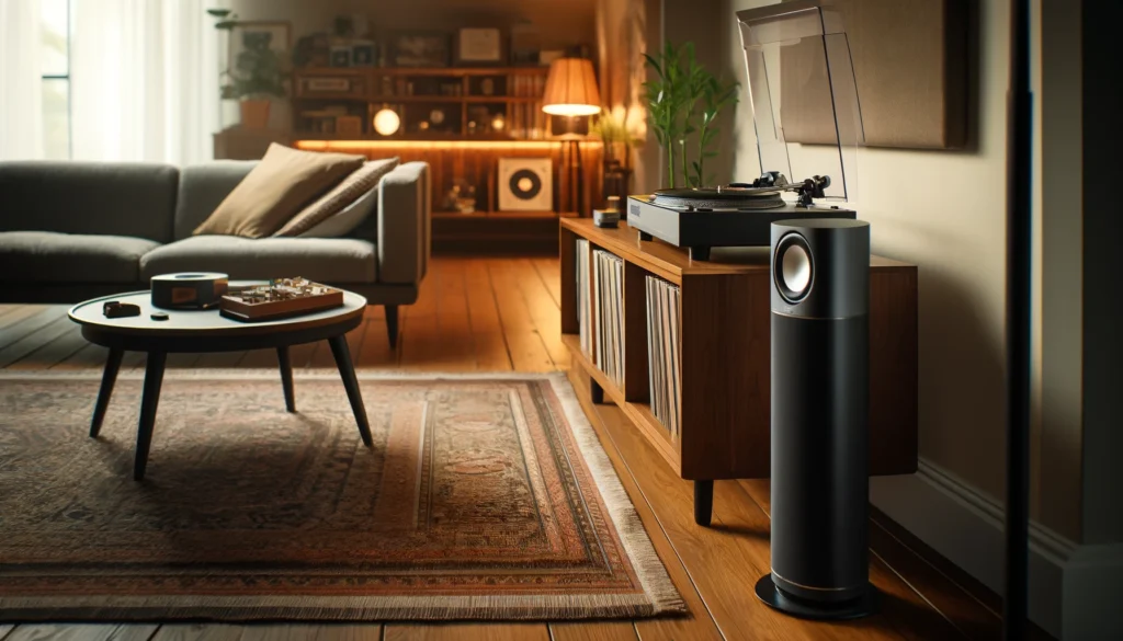 A cozy modern living room featuring a turntable connected to a sleek Sonos wireless speaker system. The room has warm wooden floors, a stylish rug, and a vinyl record collection on display, creating a blend of vintage and modern aesthetics.