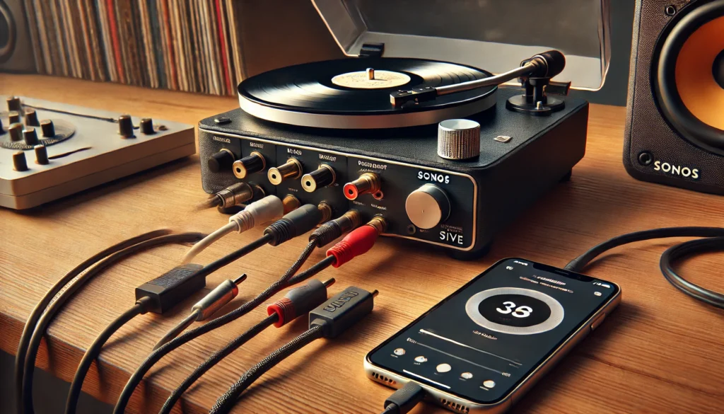 A setup showing a turntable connected to a phono preamp, with visible RCA cables leading to a Sonos Five speaker. The grounding wire is attached to reduce hum, and the Sonos app is open on a smartphone in the background, controlling the music. The scene highlights all essential equipment for connecting a turntable to Sonos, set in a modern, cozy room with vinyl records nearby.