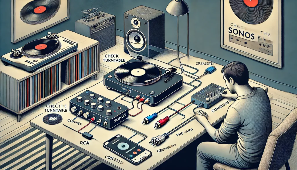 A visual guide showing a turntable connected to a Sonos Five speaker through a phono preamp, with RCA cables properly connected. The scene highlights each step of the process, including checking the turntable, connecting the preamp, attaching the grounding wire, and configuring the Sonos app, all set in a modern living room with vinyl records nearby.