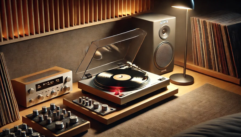 A cozy and detailed scene of a turntable placed on a solid surface, away from electrical interference, with a perfectly aligned cartridge on a vinyl record. The setup includes a Sonos speaker, proper speaker placement, and acoustic treatments for optimal sound quality. A stack of vinyl albums is nearby, creating a dedicated space for fine-tuning the turntable setup for the best audio experience.