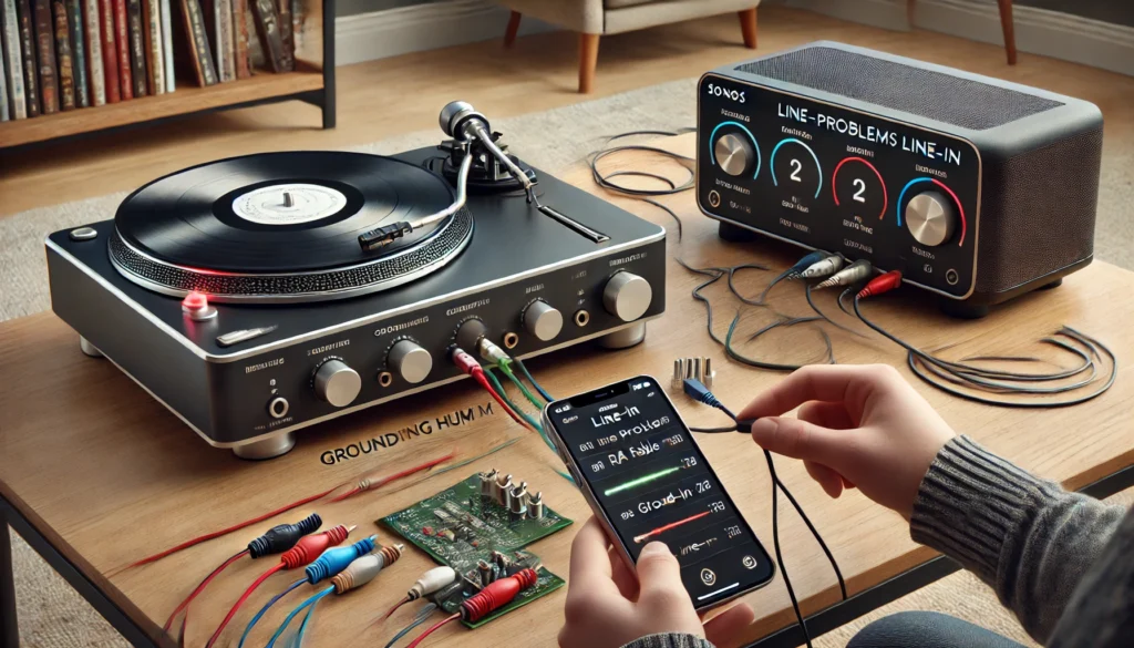 A troubleshooting scene showing a user checking RCA cable connections, a ground wire attached to the preamp, and adjusting settings in the Sonos app on a smartphone. The image captures common turntable-to-Sonos connection issues, such as grounding hum, sound distortion, and low volume, all in a modern living room with a turntable and Sonos speaker setup.