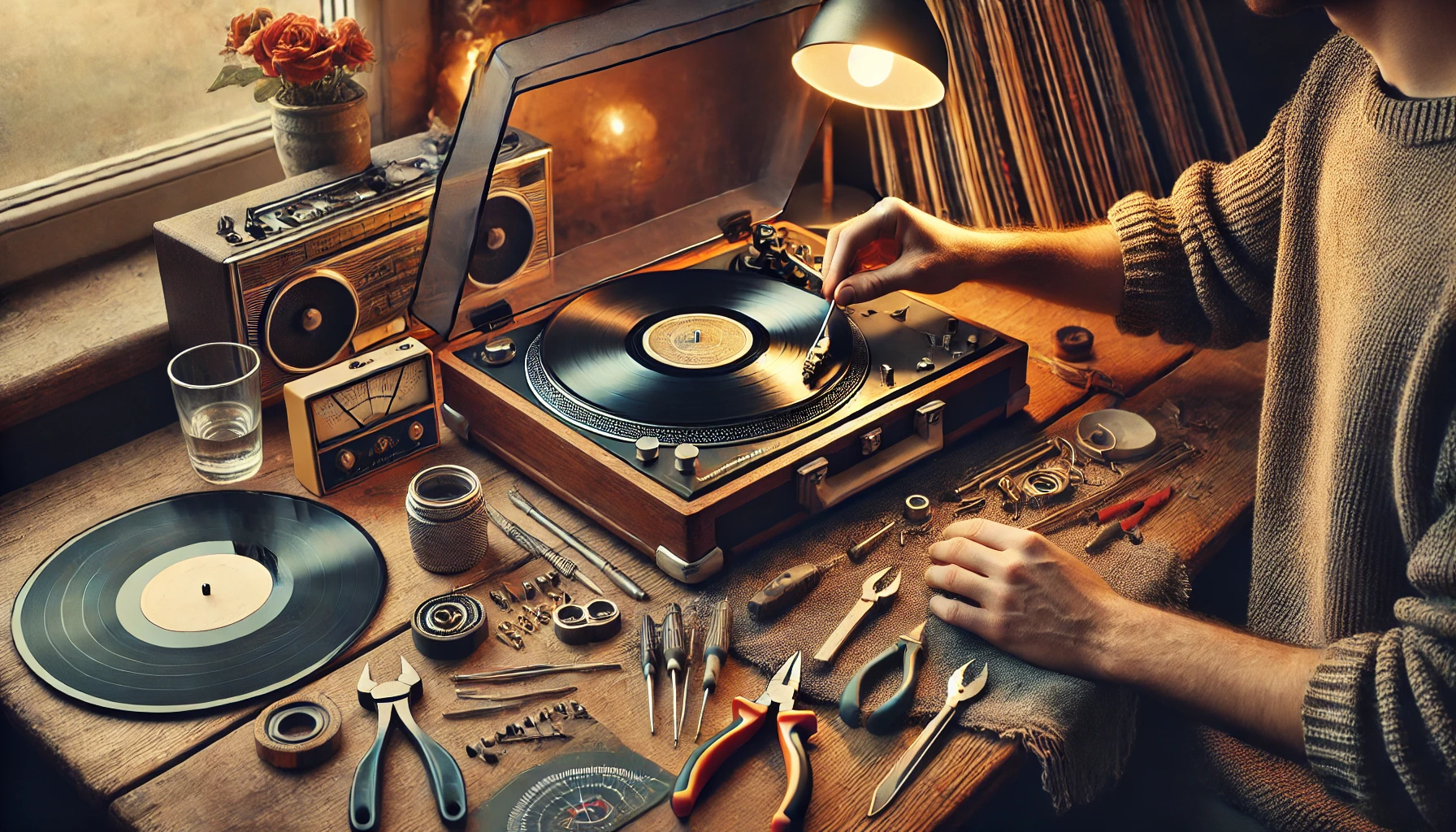 A warm, cozy workspace showing a vintage turntable being repaired. Essential tools like screwdrivers, a stylus brush, pliers, and a cartridge alignment protractor are laid out, with vinyl records stacked nearby. The soft lighting highlights the hands-on process of turntable restoration, capturing the love and care involved in fixing a beloved record player.