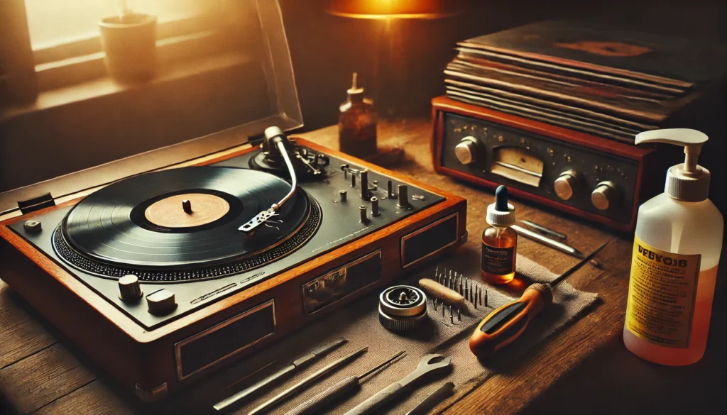 A cozy scene showing a vintage turntable in the middle of repair, with essential tools like screwdrivers, a stylus brush, and cleaning solution arranged on a wooden table. The soft lighting highlights the careful process of diagnosing and fixing the turntable, with vinyl records stacked nearby, reflecting the passion for bringing broken record players back to life.