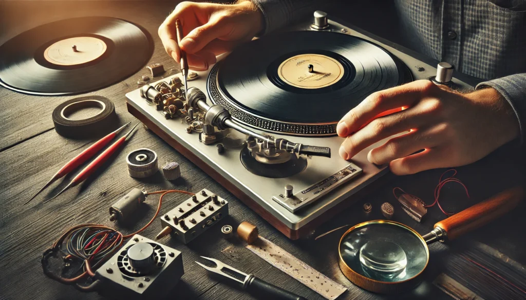 A close-up of a vintage turntable being inspected for common problems, including the stylus, tonearm, and motor. Tools like a cartridge alignment protractor and magnifying glass are visible, highlighting the careful process of troubleshooting issues like distorted audio, speed inconsistencies, and weak sound, with vinyl records nearby.