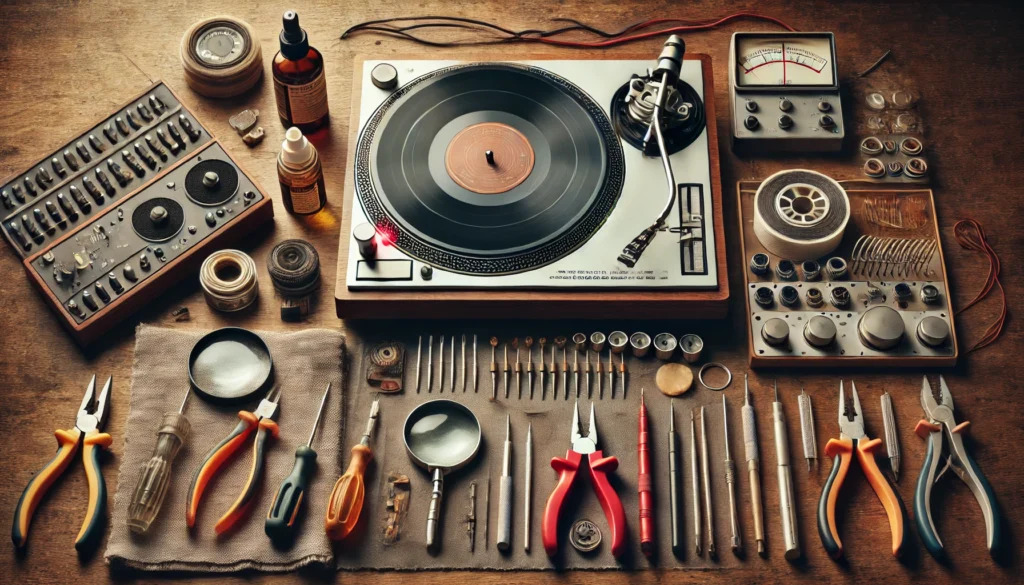 A close-up view of a turntable repair kit laid out on a wooden table, featuring screwdrivers, needle-nose pliers, cleaning solutions, soft cloths, a magnifying glass, a multimeter, and turntable-specific tools like a cartridge alignment protractor and stylus pressure gauge. A vintage turntable is nearby, ready for repair, with soft lighting highlighting the essential tools for precise and careful maintenance.