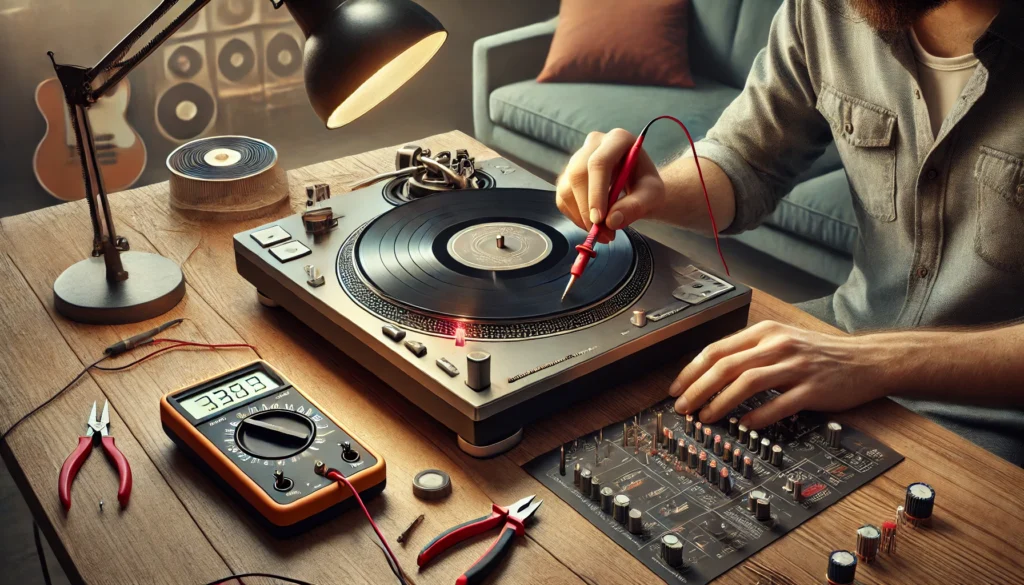 A detailed scene of a turntable being inspected for common issues, including checking the RCA cables, cleaning the stylus, and aligning the cartridge with a protractor. The image shows tools like a multimeter and a cleaning brush, emphasizing the troubleshooting process for fixing problems like no power, weak sound, skipping, and distorted audio. The setting is a modern room with a turntable on a wooden table and vinyl records nearby.