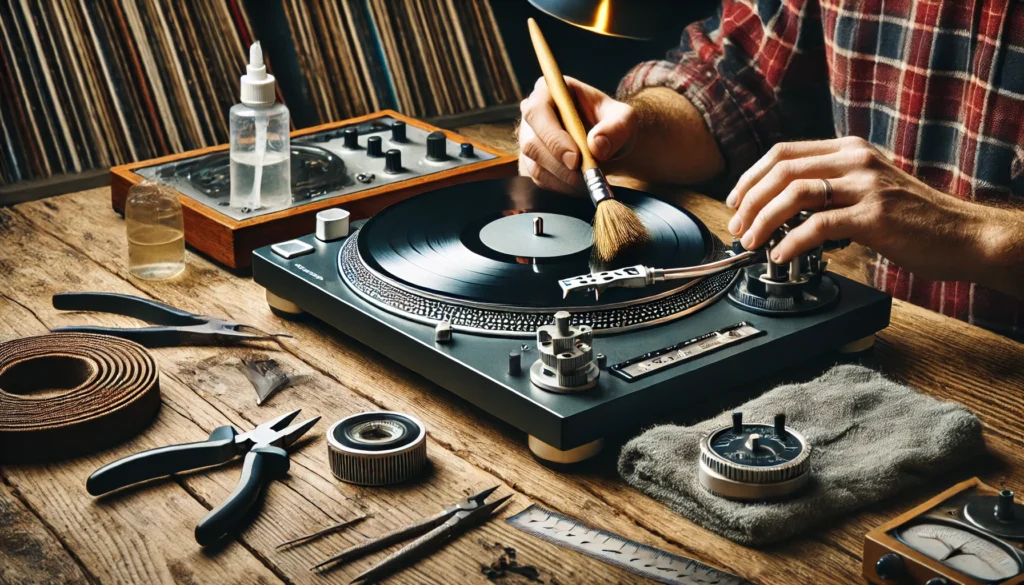 A close-up view of a turntable being repaired, showing the cleaning of the stylus with a carbon fiber brush, belt replacement under the platter, and cartridge alignment using a protractor. Tools like tweezers, cleaning solution, and a soft cloth are laid out on a wooden table with vinyl records stacked in the background, highlighting the detailed repair process in a cozy, well-lit room.