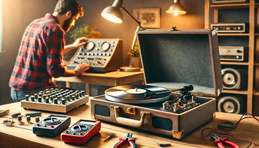 A scene showing a vintage turntable being inspected at a professional repair shop. Specialized tools, such as multimeters and repair kits, are visible in the background, while a technician carefully examines the turntable. The image emphasizes the importance of seeking expert help for complex or vintage models, with a warm, professional atmosphere highlighted by soft lighting.