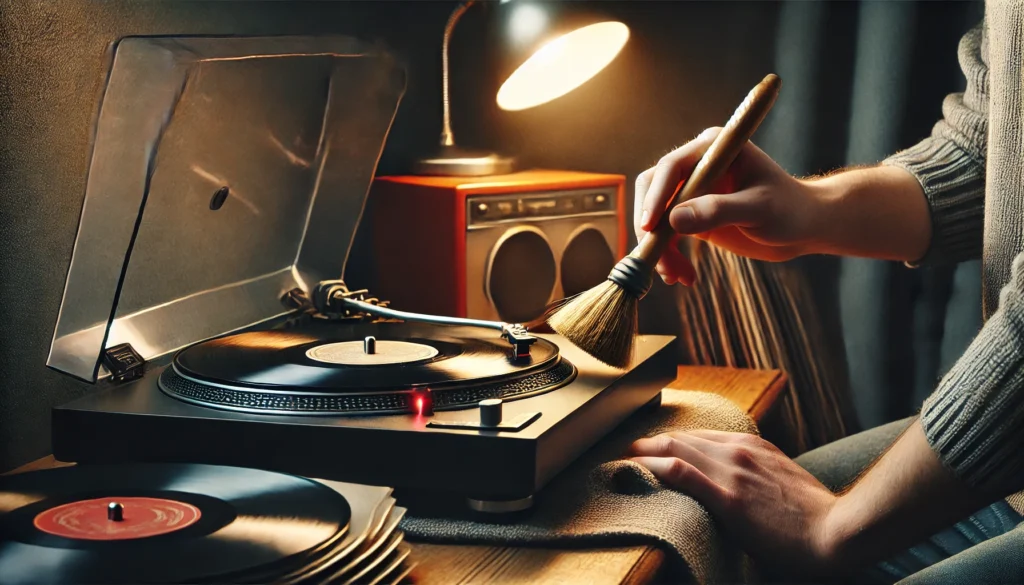 A cozy scene showing a vintage turntable being carefully cleaned with a soft brush on the stylus, and a dust cover being placed to protect it. The turntable is stored in a safe spot, away from direct sunlight, with vinyl records nearby. The soft lighting emphasizes the importance of regular maintenance to prevent future issues and ensure smooth operation.