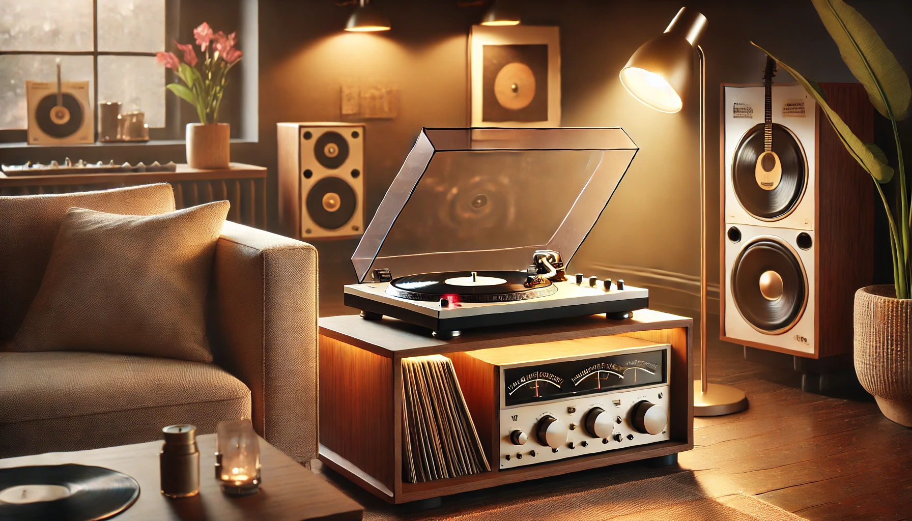 A modern living room showcasing a sleek turntable on a wooden console surrounded by vinyl records. The stylus is gently lowered onto a spinning record, with soft lighting creating a warm, inviting atmosphere. High-quality speakers are positioned nearby, capturing the magic and joy of listening to vinyl.