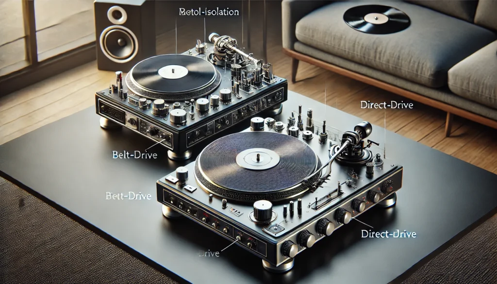 A detailed comparison image of two turntables side by side – a belt-drive and a direct-drive model. The image highlights key components such as the platter, tonearm, and cartridge, set in a modern living room with vinyl records and speakers in the background. It emphasizes the differences in motor isolation and speed precision, helping users choose the right turntable based on their sound quality preferences and budget.