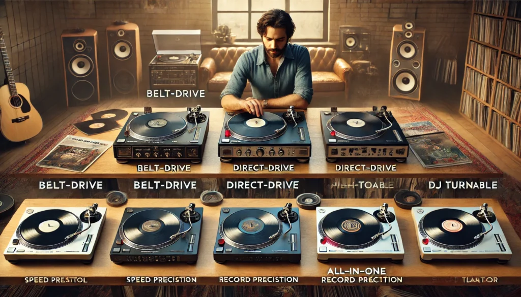 A comparison image showing various types of turntables, including a belt-drive, direct-drive, all-in-one record player with built-in speakers and Bluetooth, and a DJ turntable with pitch control and high-torque motors. The scene is set in a cozy room with vinyl records and speakers, highlighting the unique features and uses of each type of turntable for different listening preferences.
