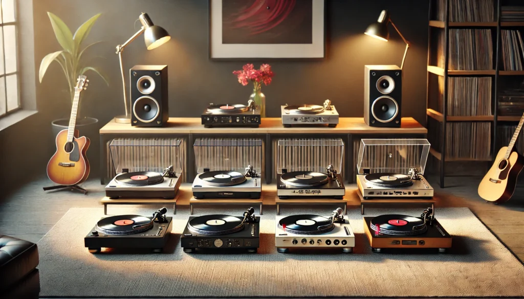 A scene displaying different tiers of turntables, from entry-level to mid-range and high-end audiophile models. The turntables are set on a sleek wooden console in a modern living room, surrounded by vinyl records and speakers. The image highlights the differences in build quality, features, and price, helping users understand how their budget affects their turntable options.