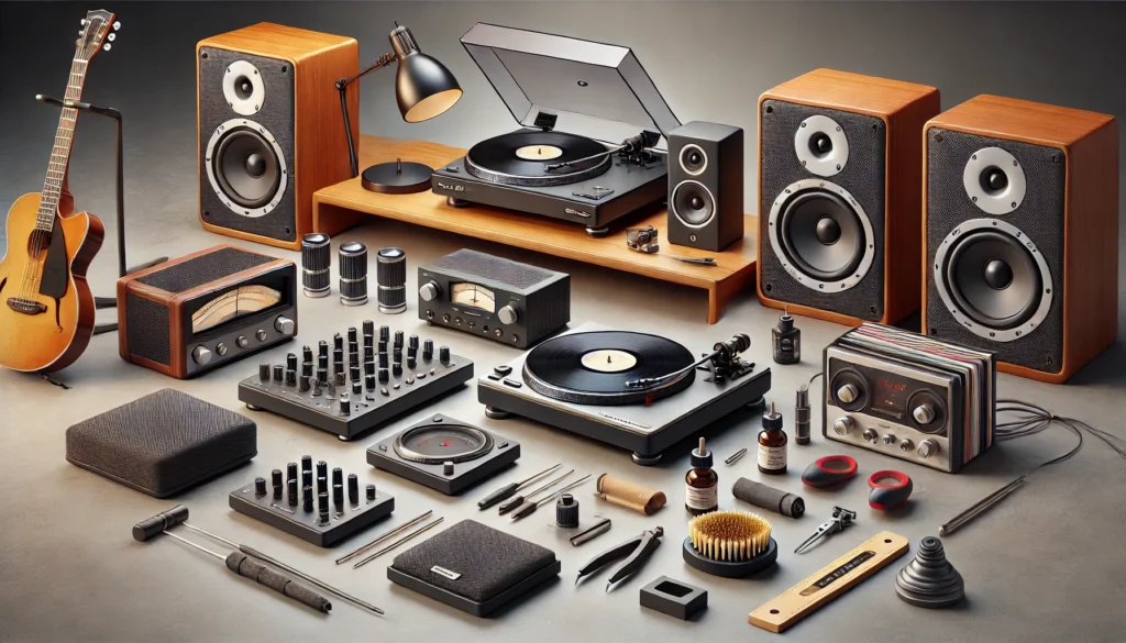 A detailed scene showcasing essential components and accessories for a vinyl setup, including speakers, an amplifier, a phono preamp, cartridge upgrades, and cleaning tools like a carbon fiber brush and a record cleaning machine. Additional accessories like a stylus pressure gauge, bubble level, and isolation feet are also featured. The setting is a modern listening room with a turntable on a wooden console, emphasizing the importance of these accessories in enhancing the vinyl listening experience.