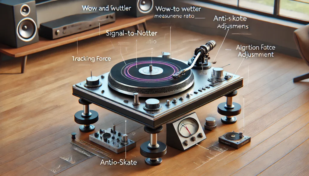 A detailed scene highlighting key aspects of sound quality and performance for turntables, including wow and flutter measurement, signal-to-noise ratio, tracking force, anti-skate adjustments, and vibration isolation. The turntable is set on a stable platform with isolation feet, a tonearm equipped with a tracking force gauge, and an alignment protractor for cartridge adjustment, all contributing to achieving high-quality sound in a modern listening room.