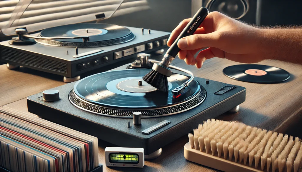 A detailed scene showing the maintenance and care of a turntable and vinyl records, including using a carbon fiber brush to clean a record, a stylus cleaning brush for the needle, and properly storing records vertically in protective sleeves. The turntable is level on a surface with a bubble level visible, highlighting the importance of regular cleaning, correct setup, and careful handling to ensure sound quality and equipment longevity.