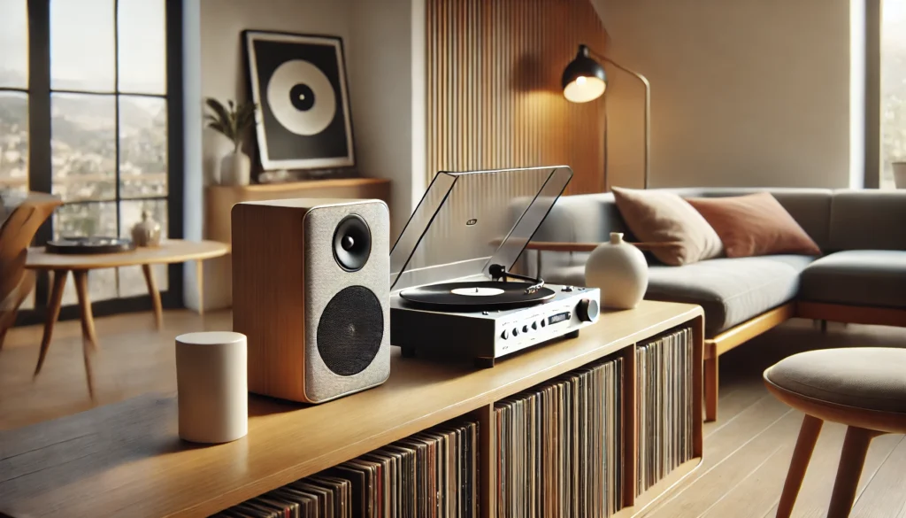 A sleek Bluetooth record player displayed on a wooden shelf in a modern living room with vinyl records, wireless speakers, and natural lighting.