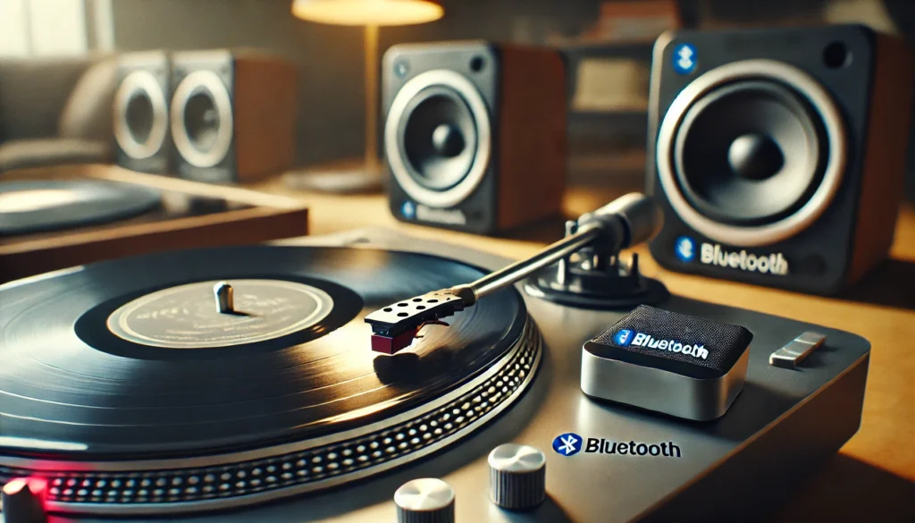 Close-up of a Bluetooth record player spinning a vinyl record with a stylus on the grooves and Bluetooth speakers in the background.