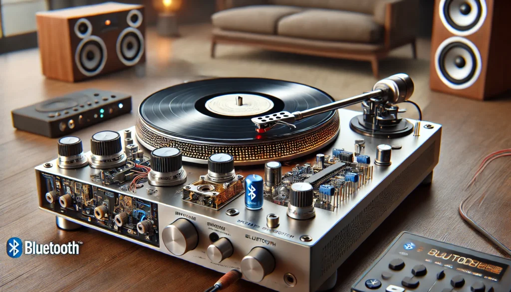 Detailed view of a Bluetooth record player showcasing the spinning platter, stylus on the grooves, preamp, Bluetooth transmitter, and control panel in a modern setting.