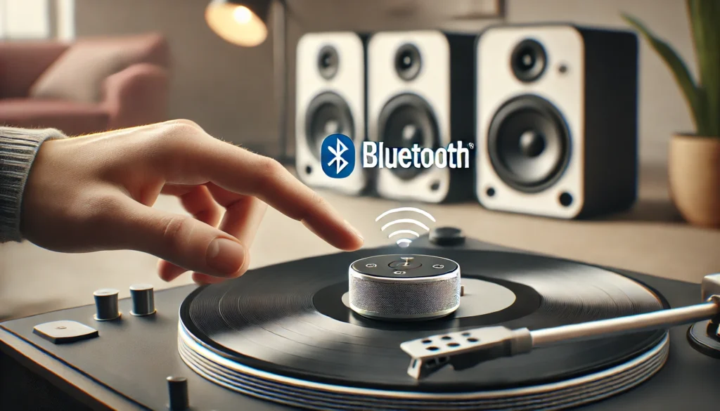 A close-up of a Bluetooth record player with the pairing button being pressed, wireless speakers in the background, and a modern room setting.