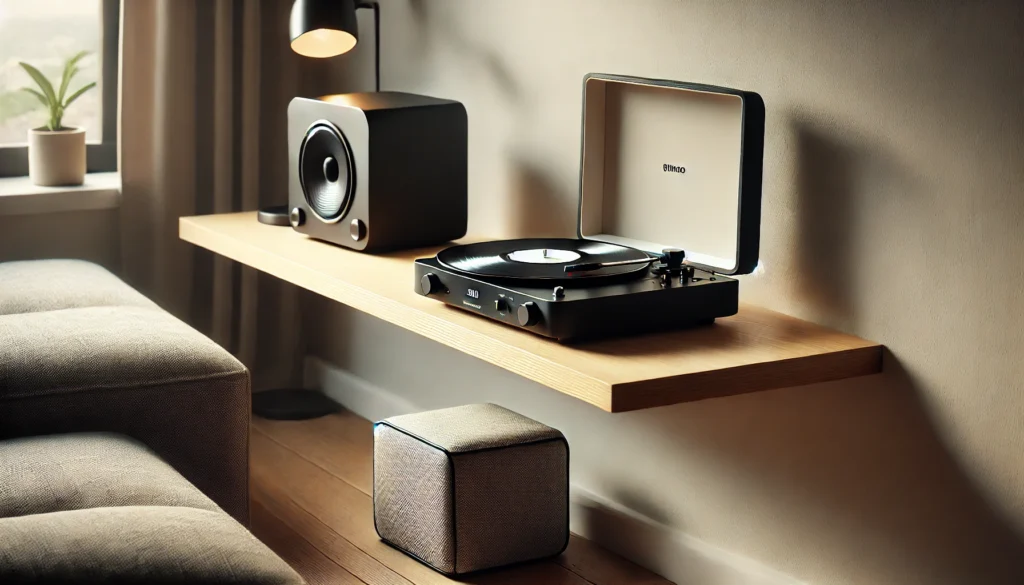 A modern Bluetooth record player placed on a floating shelf with wireless speakers in a minimalist, wire-free room setup.