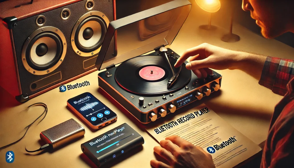 A user troubleshooting a Bluetooth record player with pairing issues, consulting a manual, and a power bank nearby for portable use, with wireless speakers in the background.