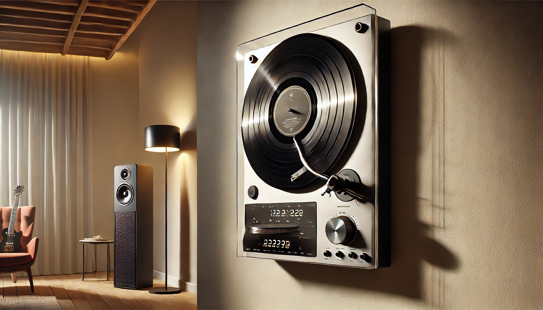 A modern vertical turntable mounted on a wall with a vinyl record spinning upright, set in a contemporary room with subtle lighting and wireless speakers.
