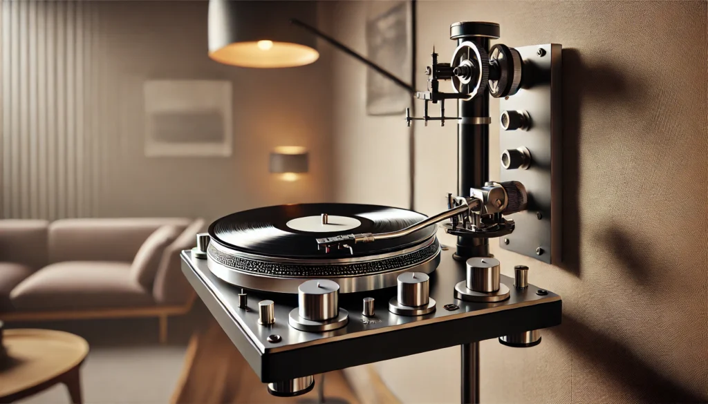 Close-up of a vertical turntable mounted on a wall with a record spinning upright, showing the platter, tonearm, and specialized mechanisms holding the record in place.