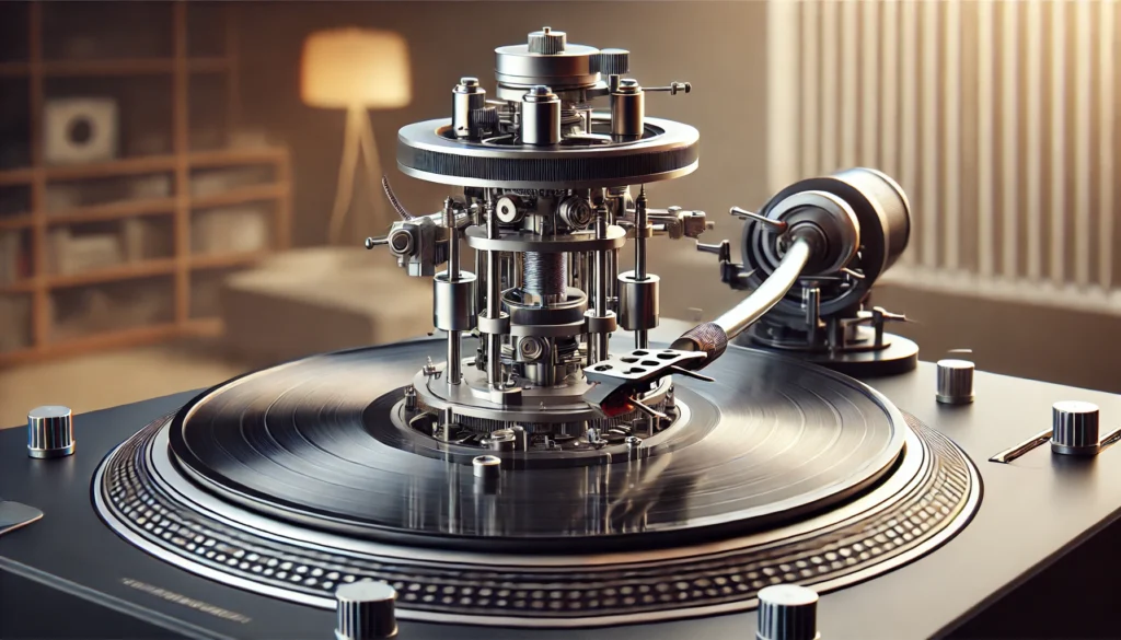 Detailed view of a vertical turntable in action, showing the vertically mounted platter, tonearm with counterweight, and center spindle with a stabilizing clamp, all working together to spin the record properly.