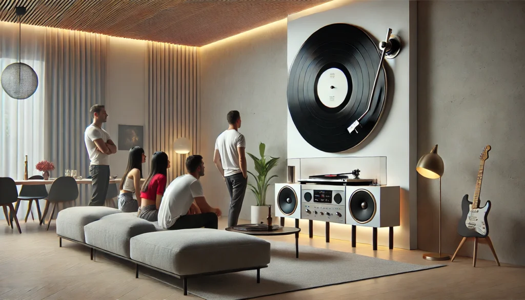 A modern living room featuring a vertical turntable mounted on the wall, with friends admiring the space-saving and artistic design as a vinyl record spins upright.