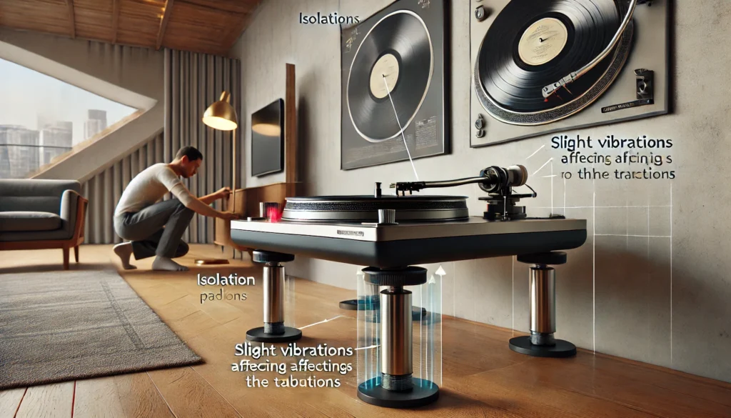  Detailed view of a vertical turntable mounted on a wall, showing isolation pads and a user adjusting the stylus for proper tracking, with a modern room in the background.