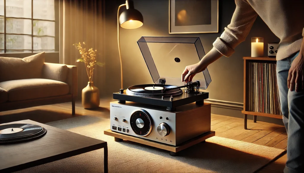 A stylish setup featuring a vertical turntable playing a vinyl record with a user adjusting the tonearm in a modern, warm room, emphasizing sound quality and user experience.