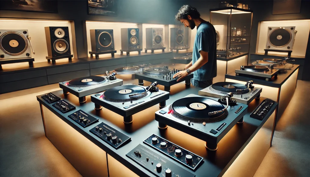 A display of various vertical turntables in a modern setting, with a user inspecting a mid-range model, highlighting features like stabilization, adjustable tracking, and tonearm quality.