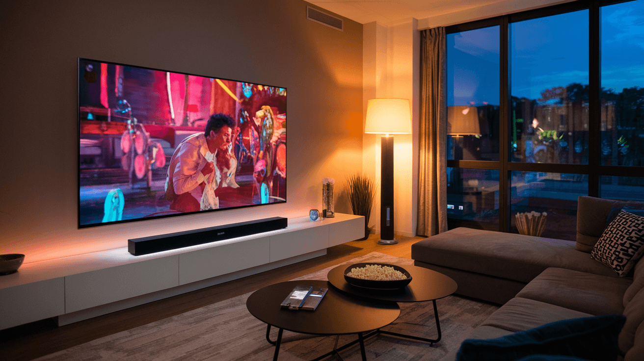 Modern living room with an LG OLED TV connected to a Samsung soundbar via HDMI ARC, enhancing movie night audio.