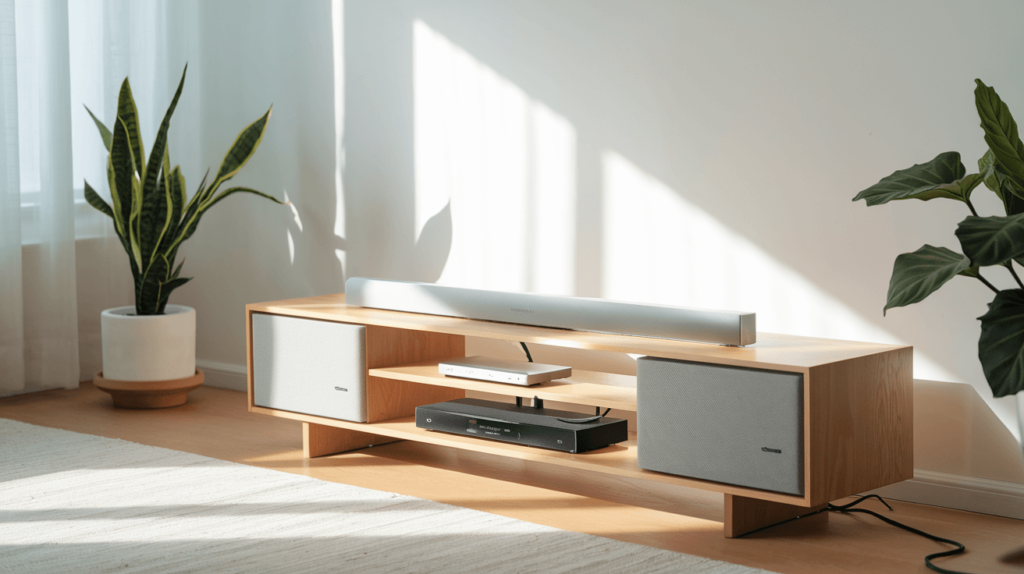 Modern living room with soundbar and subwoofer on wooden TV stand