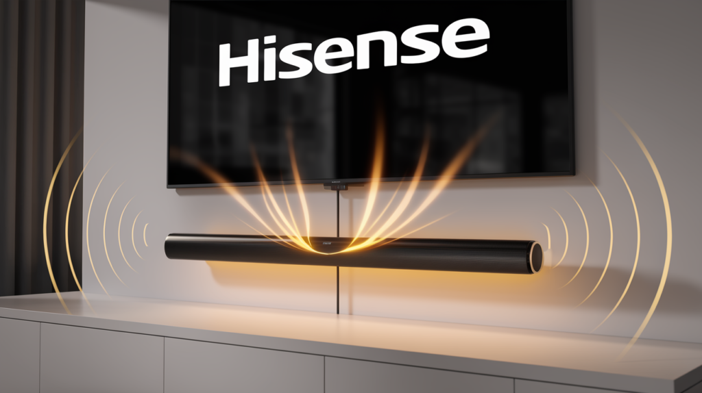 Modern living room with wall-mounted Hisense TV, glowing soundbar below, golden sound waves radiating from optical cable connection. Cinematic 3D render with clean tech aesthetics.