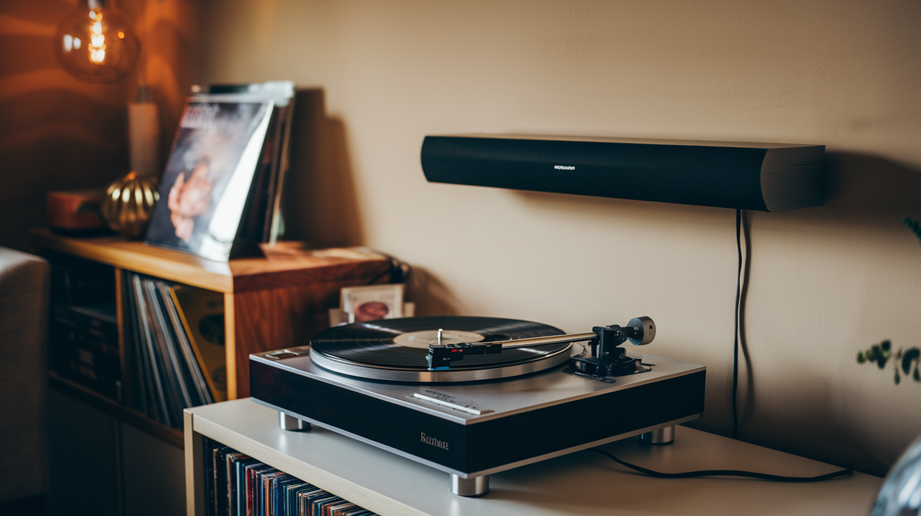 A modern vinyl setup featuring a turntable playing a record on a wooden stand, surrounded by vinyl records, with a sleek soundbar mounted on the wall above, in a cozy living room with warm lighting and shelves of albums.