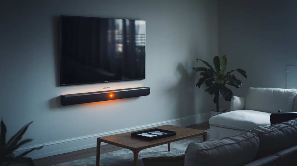 Bose soundbar displaying a blinking orange light in a modern living room setup, highlighting a common connectivity issue