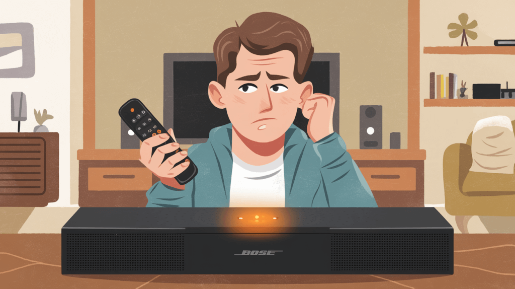 Troubleshooting a Bose soundbar with a blinking orange light in a cozy living room setting, with a person looking puzzled while checking the connection.