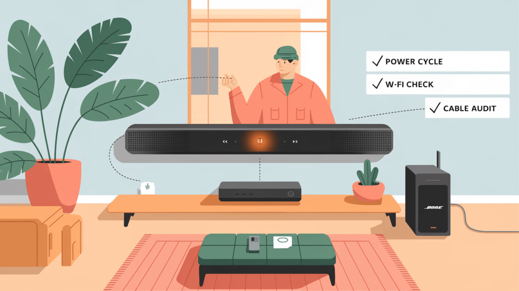 Illustration of troubleshooting a Bose soundbar with a blinking orange light, showing a person unplugging the power cord and Wi-Fi router in a modern living room, with a checklist for power cycle, Wi-Fi check, and cable audit