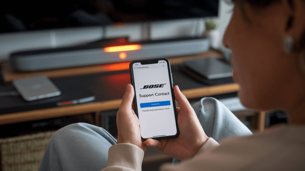 A person considering contacting Bose Support for help with a persistent blinking orange light on their soundbar, while viewing the support page on their smartphone. The soundbar is visible in the background, still showing the blinking orange light.