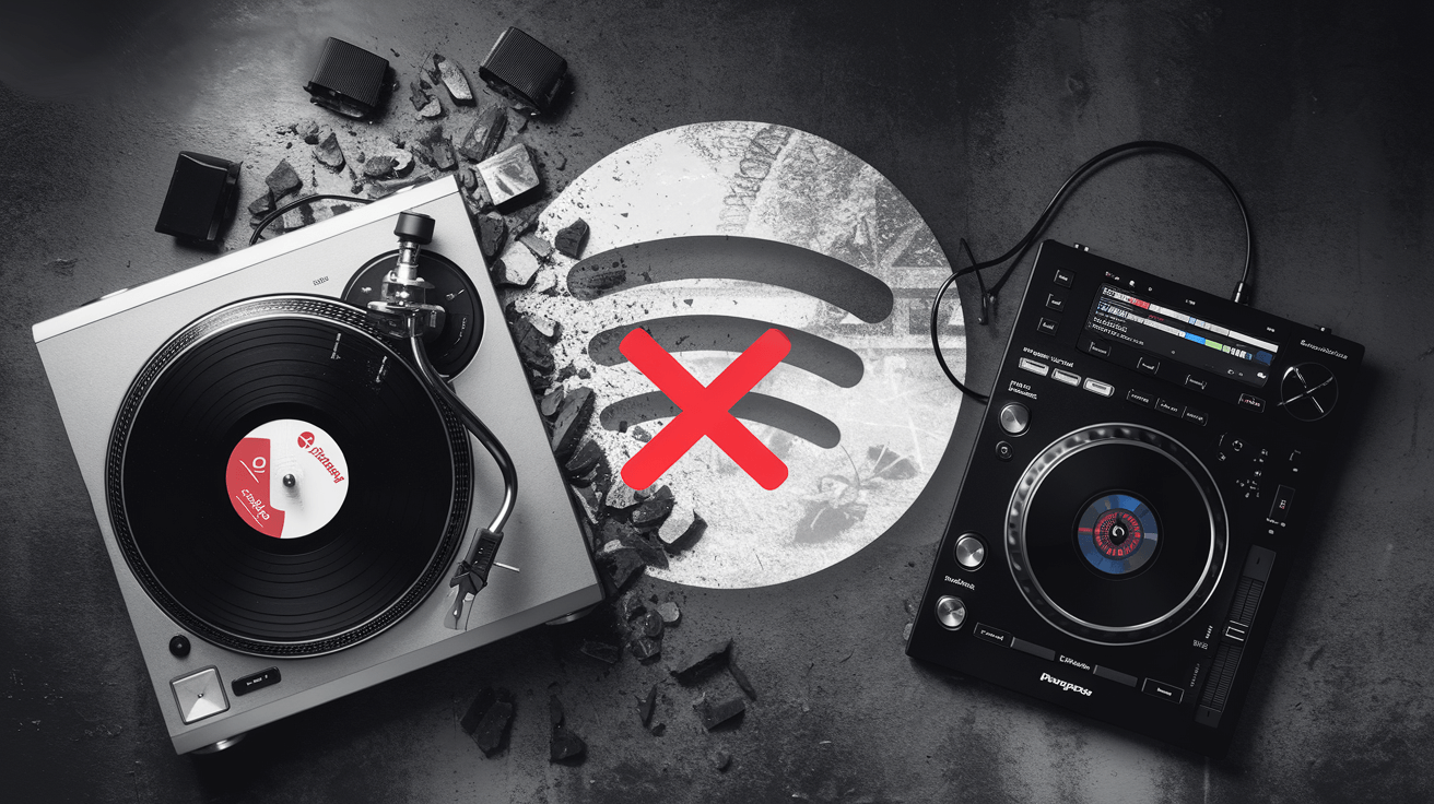 DJ controller with Spotify error on laptop, highlighting SoundCloud and Tidal as 2025 alternatives.