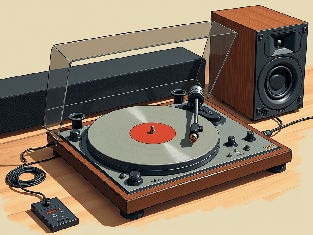 An illustration of a vintage turntable with a red vinyl record, a transparent dust cover, and a wooden base, positioned next to a black soundbar and a wooden speaker on a wooden table, showcasing the essential gear needed for connecting a turntable to a soundbar.