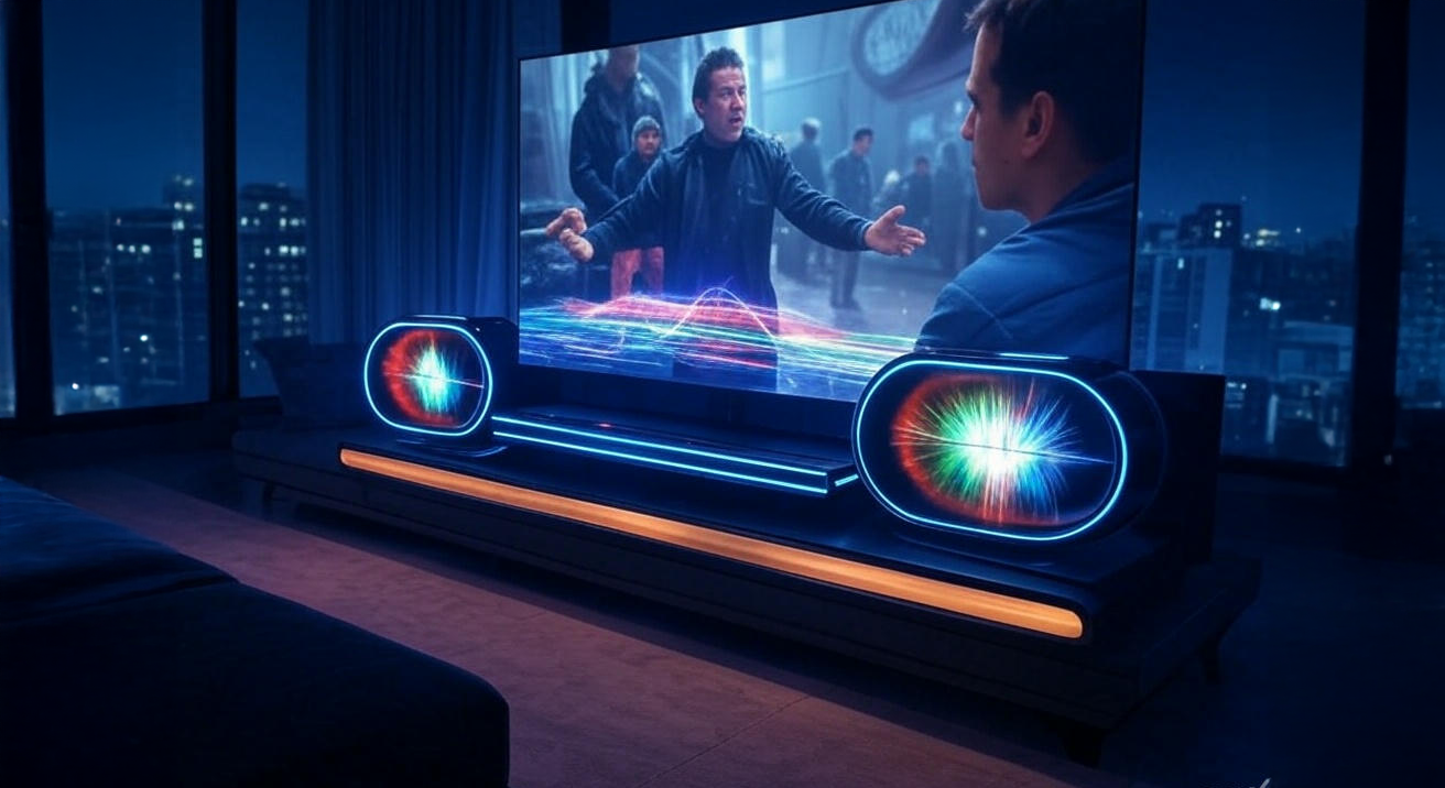 Modern living room featuring two soundbars connected to a TV, emitting sound waves, perfect for a movie night setup.