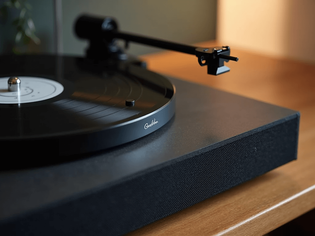 A sleek black turntable with a vinyl record playing, featuring the brand name "Crosley" on the platter, positioned on a wooden table, illustrating a setup for connecting a turntable to a soundbar.