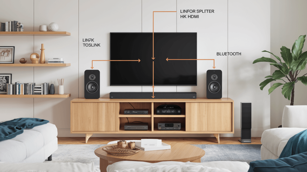 Diagram illustrating how to connect two soundbars to a TV using optical, HDMI, and Bluetooth methods.