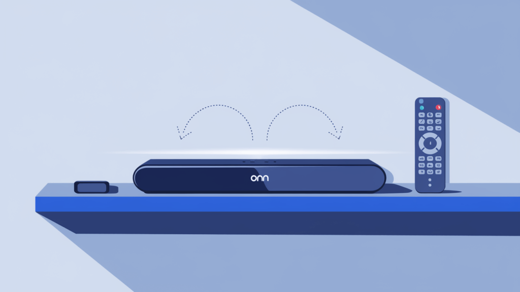 A modern Onn soundbar on a wooden shelf with a remote nearby, featuring dotted lines pointing to the power and volume down buttons, indicating a factory reset process.