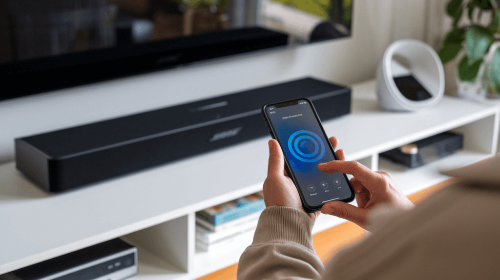 A person using a Wi-Fi signal analyzer app to check the connection strength near their Bose soundbar, ensuring optimal placement for strong signal reception. The soundbar is positioned in an open, well-ventilated area, with a router visible in the background.