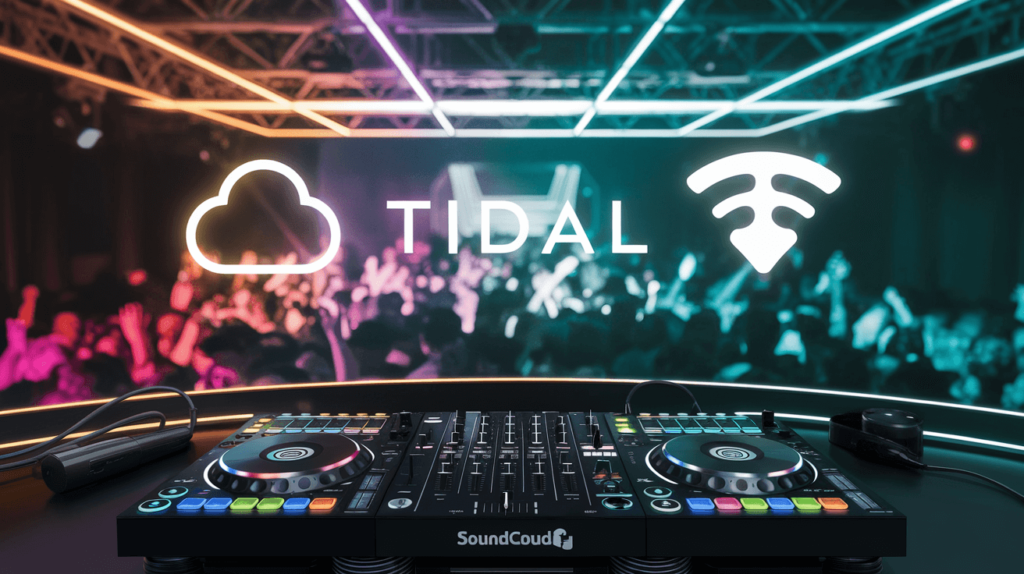 Futuristic DJ setup with SoundCloud and Tidal logos, showcasing top streaming platforms for DJs in 2025.